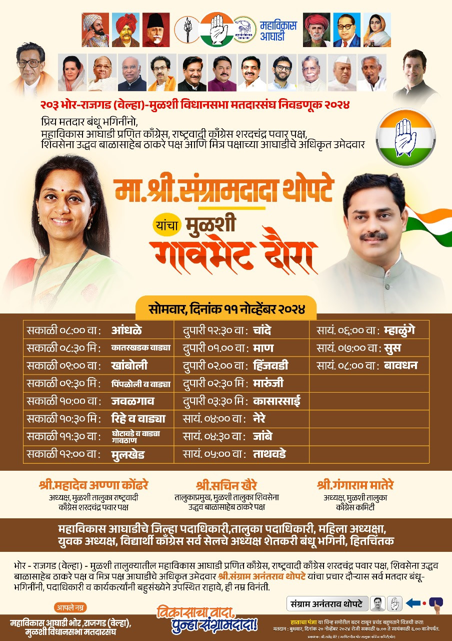 आमदार संग्रामदादा थोपटे यांचा उद्या मुळशीत गांव भेट दौरा